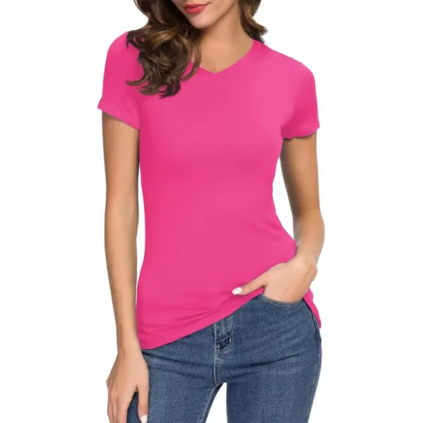 Urban CoCo Womens Basic Slim Fitted Tee Tops Short Sleeve Stretchy Bodycon VNeck Tight TShirtRose