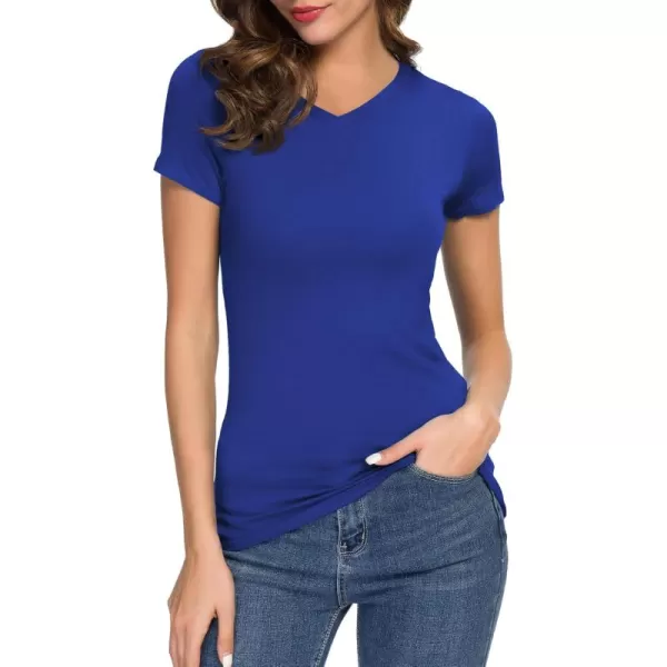 Urban CoCo Womens Basic Slim Fitted Tee Tops Short Sleeve Stretchy Bodycon VNeck Tight TShirtRoyal Blue