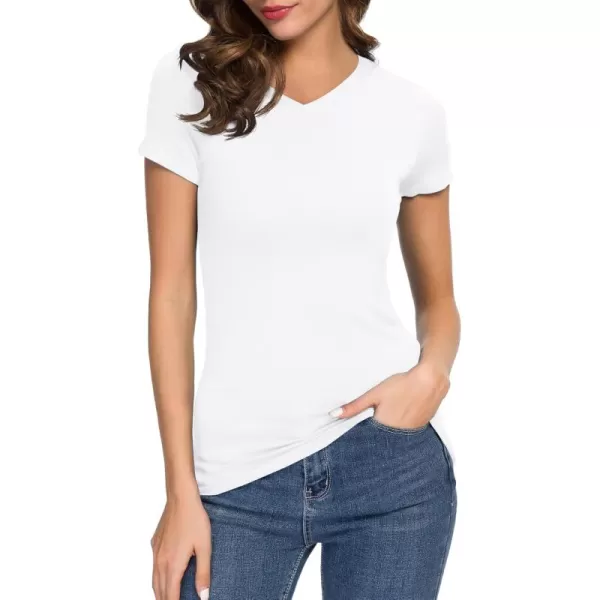 Urban CoCo Womens Basic Slim Fitted Tee Tops Short Sleeve Stretchy Bodycon VNeck Tight TShirtWhite