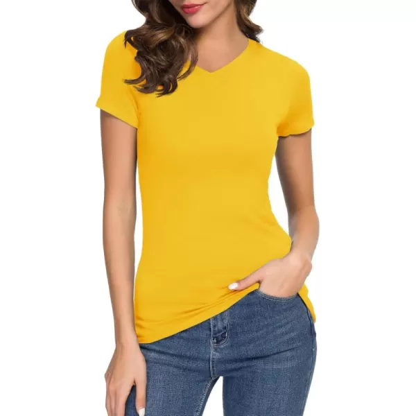 Urban CoCo Womens Basic Slim Fitted Tee Tops Short Sleeve Stretchy Bodycon VNeck Tight TShirtYellow