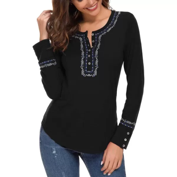 Urban CoCo Womens Long Sleeve Boho Shirt Embroidered TopBlack