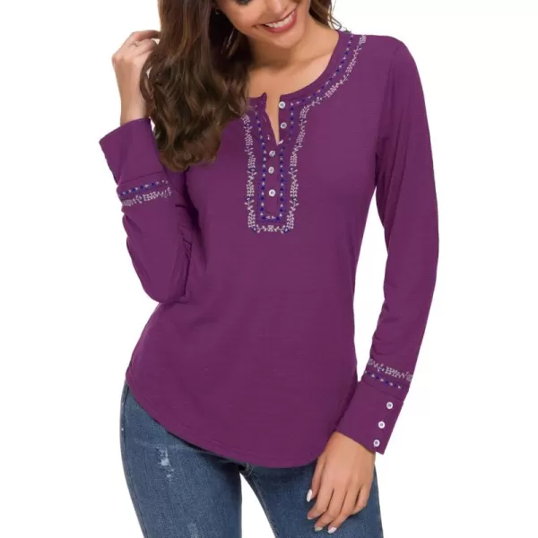Urban CoCo Womens Long Sleeve Boho Shirt Embroidered TopGrape Purple