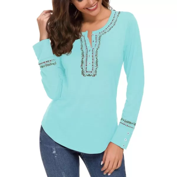 Urban CoCo Womens Long Sleeve Boho Shirt Embroidered TopLight Blue