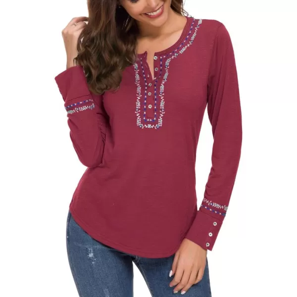Urban CoCo Womens Long Sleeve Boho Shirt Embroidered TopWine Red