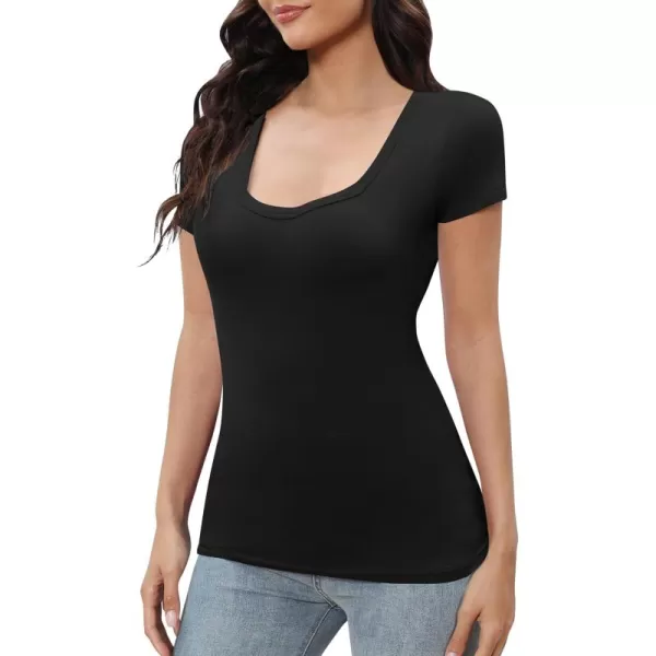 Urban CoCo Womens Short Sleeve Slim Fitted T Shirt Square Neck Stretchy Basic Tops TeeBlack