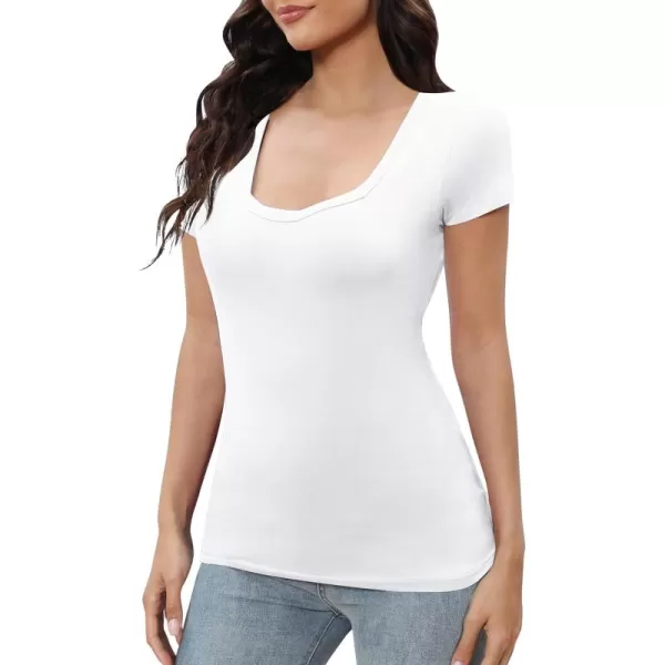 Urban CoCo Womens Short Sleeve Slim Fitted T Shirt Square Neck Stretchy Basic Tops TeeWhite