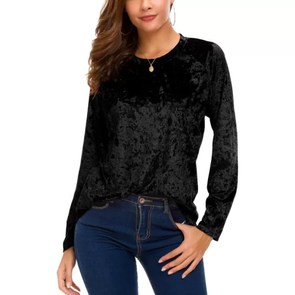 Urban CoCo Womens Vintage Velvet TShirt Casual Long Sleeve TopBlack