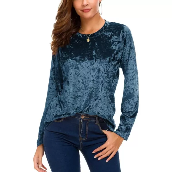 Urban CoCo Womens Vintage Velvet TShirt Casual Long Sleeve TopBlue
