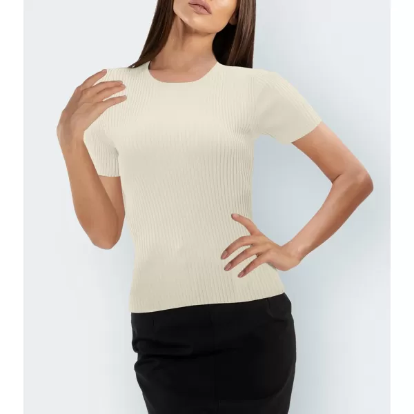 Urban CoCo Womens Short Sleeve T Shirts Summer Crewneck Tops Ribbed Knit Slim Fit Shirt Casual Basic Tees TopsApricot