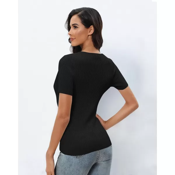 Urban CoCo Womens Short Sleeve T Shirts Summer Crewneck Tops Ribbed Knit Slim Fit Shirt Casual Basic Tees TopsBlack