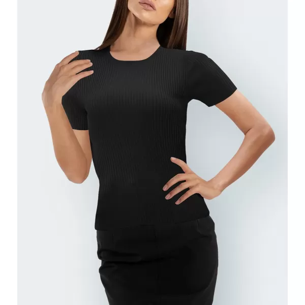 Urban CoCo Womens Short Sleeve T Shirts Summer Crewneck Tops Ribbed Knit Slim Fit Shirt Casual Basic Tees TopsBlack