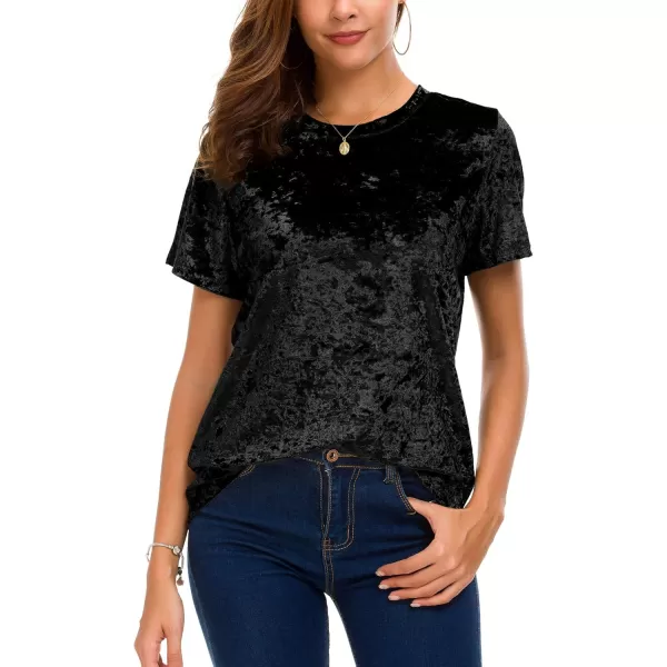 Womens Crew Neck Velvet Top Short Sleeve TShirtBlack