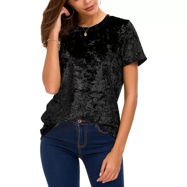 Womens Crew Neck Velvet Top Short Sleeve TShirtBlack