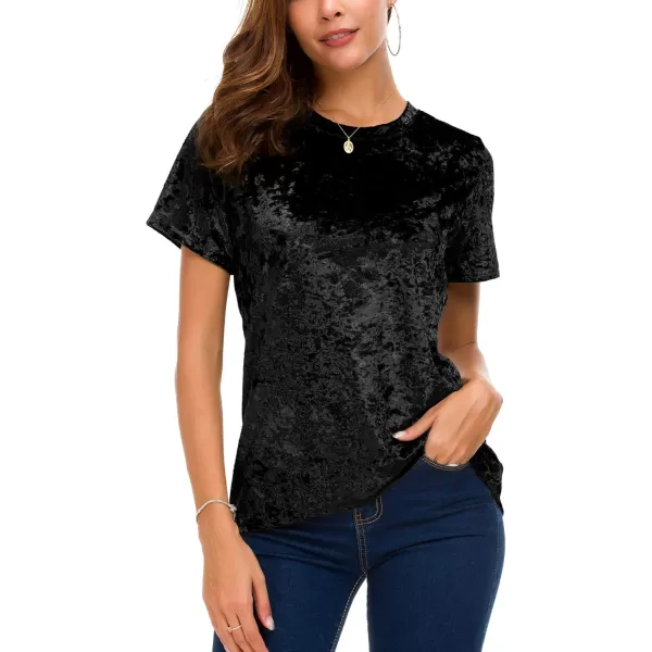 Womens Crew Neck Velvet Top Short Sleeve TShirtBlack
