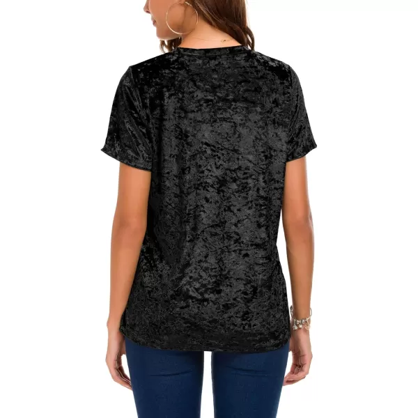 Womens Crew Neck Velvet Top Short Sleeve TShirtBlack