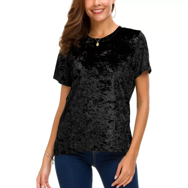 Womens Crew Neck Velvet Top Short Sleeve TShirtBlack