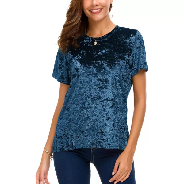 Womens Crew Neck Velvet Top Short Sleeve TShirtBlue