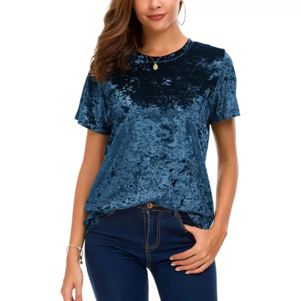 Womens Crew Neck Velvet Top Short Sleeve TShirtBlue