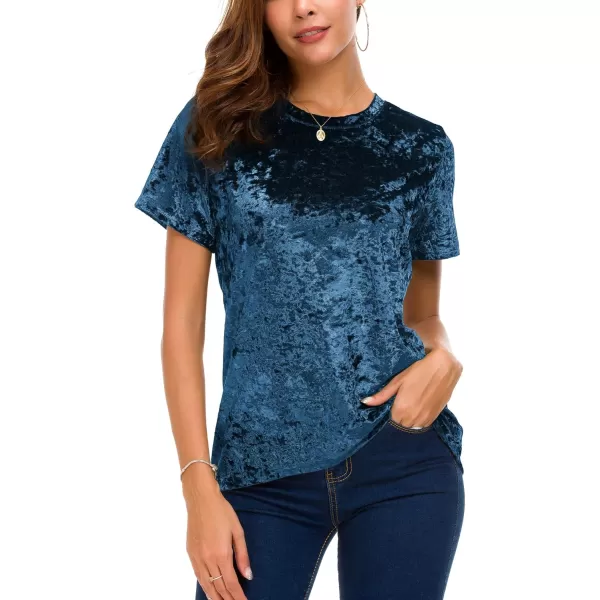 Womens Crew Neck Velvet Top Short Sleeve TShirtBlue
