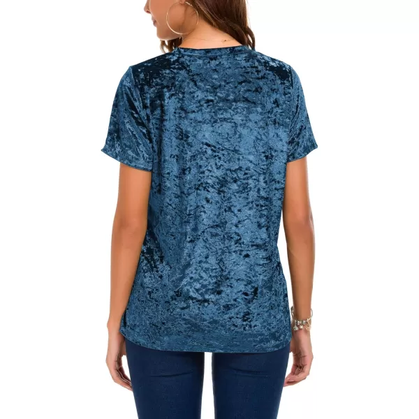Womens Crew Neck Velvet Top Short Sleeve TShirtBlue