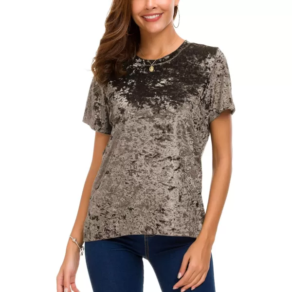 Womens Crew Neck Velvet Top Short Sleeve TShirtCoffee