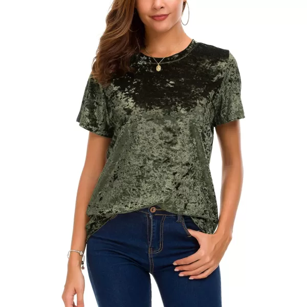 Womens Crew Neck Velvet Top Short Sleeve TShirtGreen