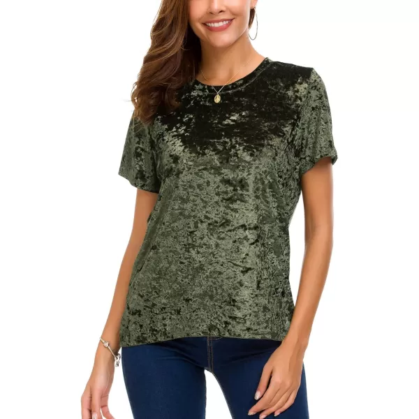 Womens Crew Neck Velvet Top Short Sleeve TShirtGreen