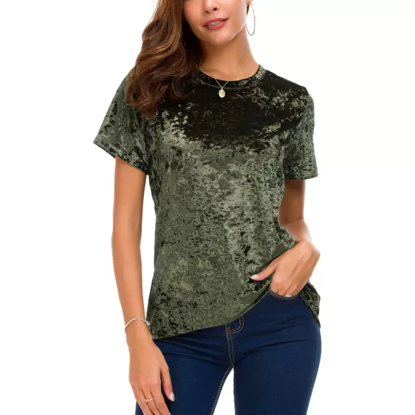 Womens Crew Neck Velvet Top Short Sleeve TShirtGreen