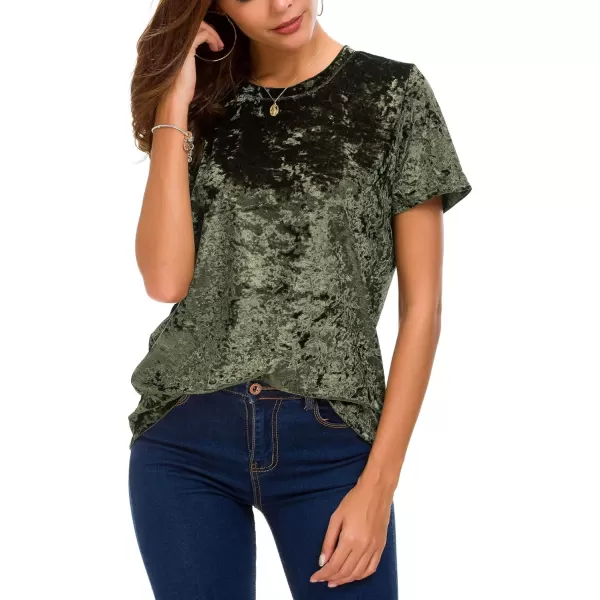 Womens Crew Neck Velvet Top Short Sleeve TShirtGreen