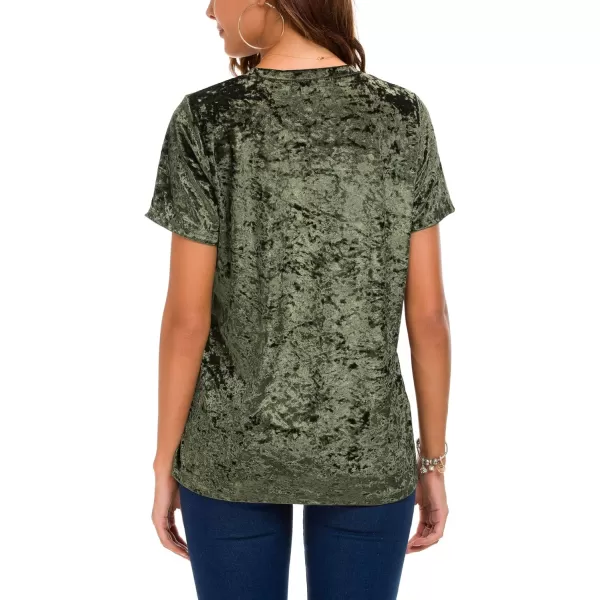 Womens Crew Neck Velvet Top Short Sleeve TShirtGreen