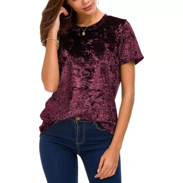 Womens Crew Neck Velvet Top Short Sleeve TShirtMaroon