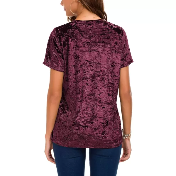 Womens Crew Neck Velvet Top Short Sleeve TShirtMaroon
