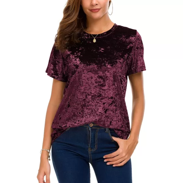 Womens Crew Neck Velvet Top Short Sleeve TShirtMaroon