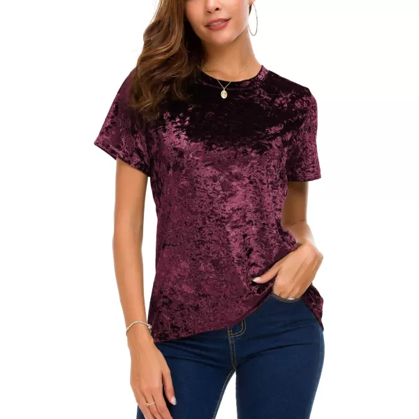 Womens Crew Neck Velvet Top Short Sleeve TShirtMaroon