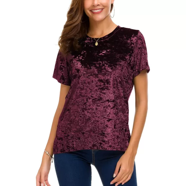 Womens Crew Neck Velvet Top Short Sleeve TShirtMaroon