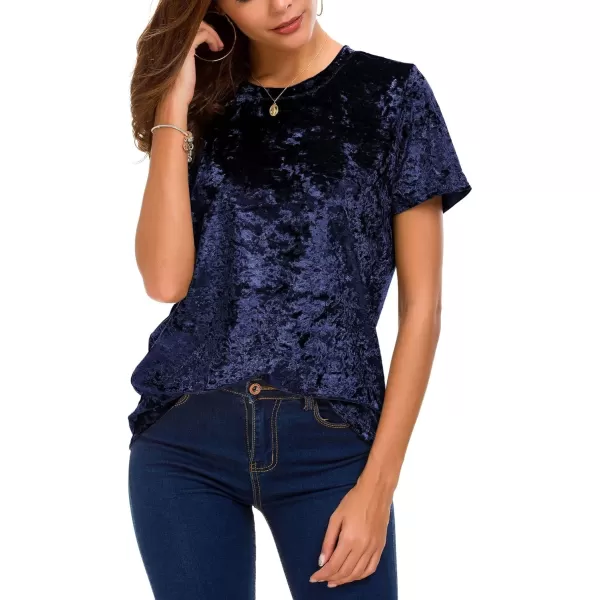 Womens Crew Neck Velvet Top Short Sleeve TShirtNavy Blue