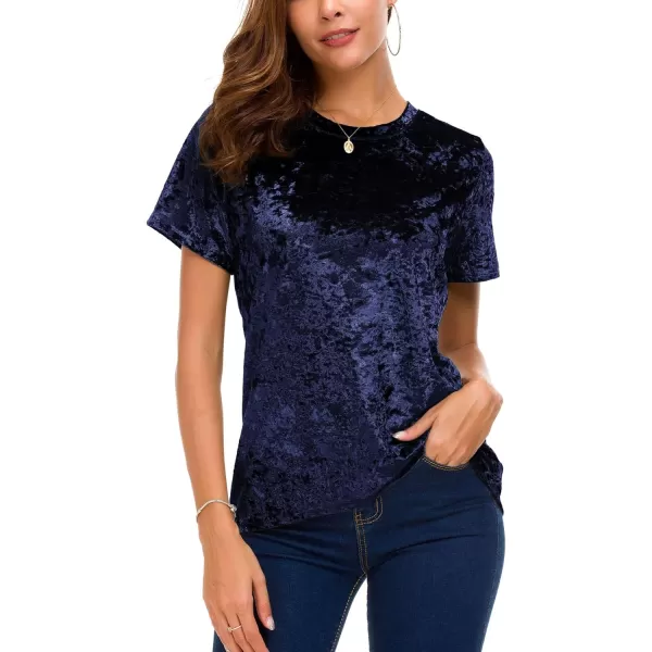 Womens Crew Neck Velvet Top Short Sleeve TShirtNavy Blue