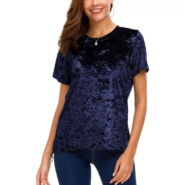 Womens Crew Neck Velvet Top Short Sleeve TShirtNavy Blue
