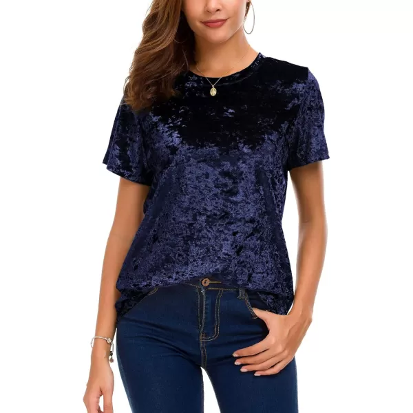 Womens Crew Neck Velvet Top Short Sleeve TShirtNavy Blue