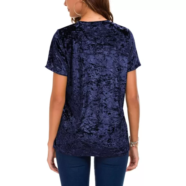 Womens Crew Neck Velvet Top Short Sleeve TShirtNavy Blue