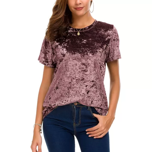 Womens Crew Neck Velvet Top Short Sleeve TShirtPink