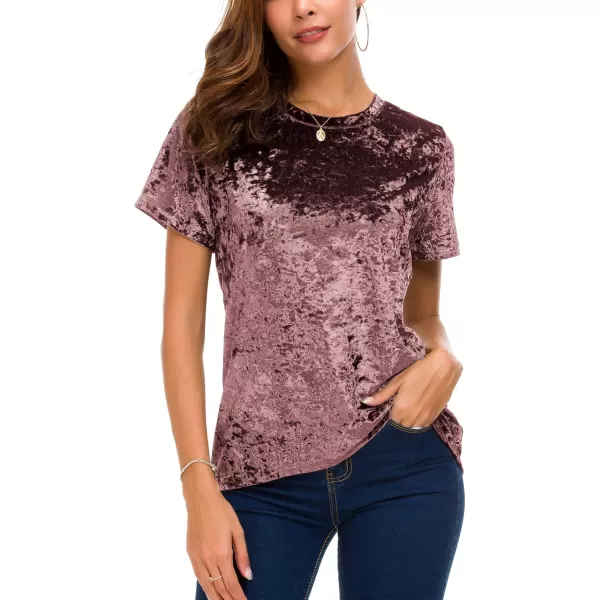 Womens Crew Neck Velvet Top Short Sleeve TShirtPink