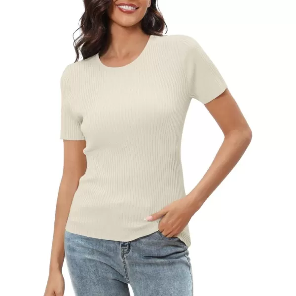 Urban CoCo Womens Short Sleeve T Shirts Summer Crewneck Tops Ribbed Knit Slim Fit Shirt Casual Basic Tees TopsApricot