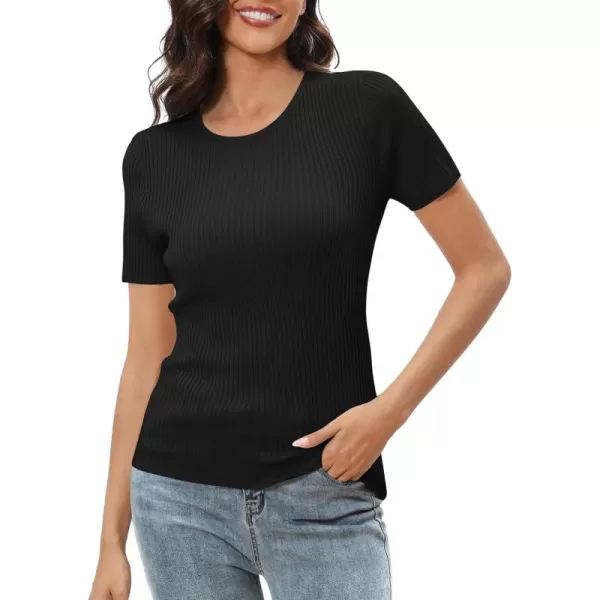 Urban CoCo Womens Short Sleeve T Shirts Summer Crewneck Tops Ribbed Knit Slim Fit Shirt Casual Basic Tees TopsBlack