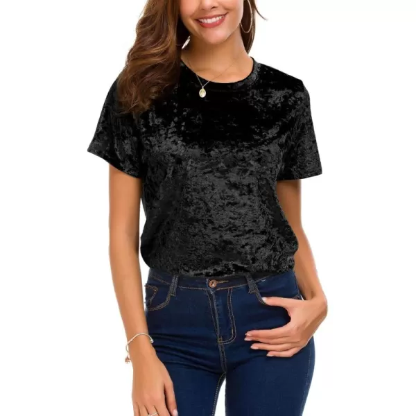 Womens Crew Neck Velvet Top Short Sleeve TShirtBlack