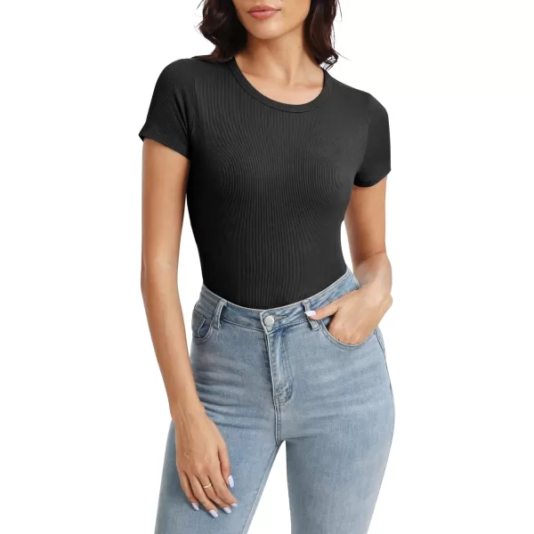 Urban CoCo Womens Crewneck Short Sleeve Slim Fit TShirt Summer Casual Ribbed Basic Tee TopsBlack