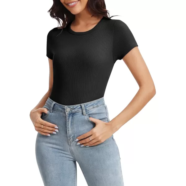Urban CoCo Womens Crewneck Short Sleeve Slim Fit TShirt Summer Casual Ribbed Basic Tee TopsBlack