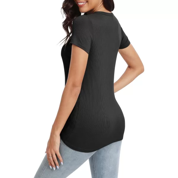Urban CoCo Womens Crewneck Short Sleeve Slim Fit TShirt Summer Casual Ribbed Basic Tee TopsBlack