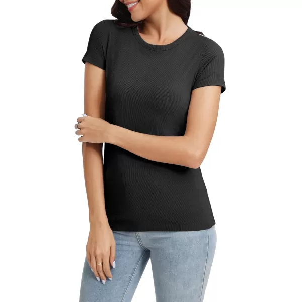 Urban CoCo Womens Crewneck Short Sleeve Slim Fit TShirt Summer Casual Ribbed Basic Tee TopsBlack