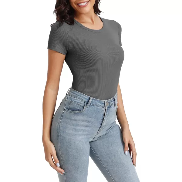 Urban CoCo Womens Crewneck Short Sleeve Slim Fit TShirt Summer Casual Ribbed Basic Tee TopsDeep Grey